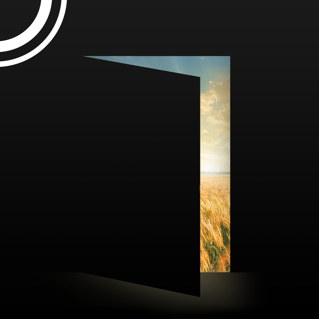Arcadia by Iain Pears app icon with a black skeuomorphism rounded rectangle design featuring a wheat field reveal.