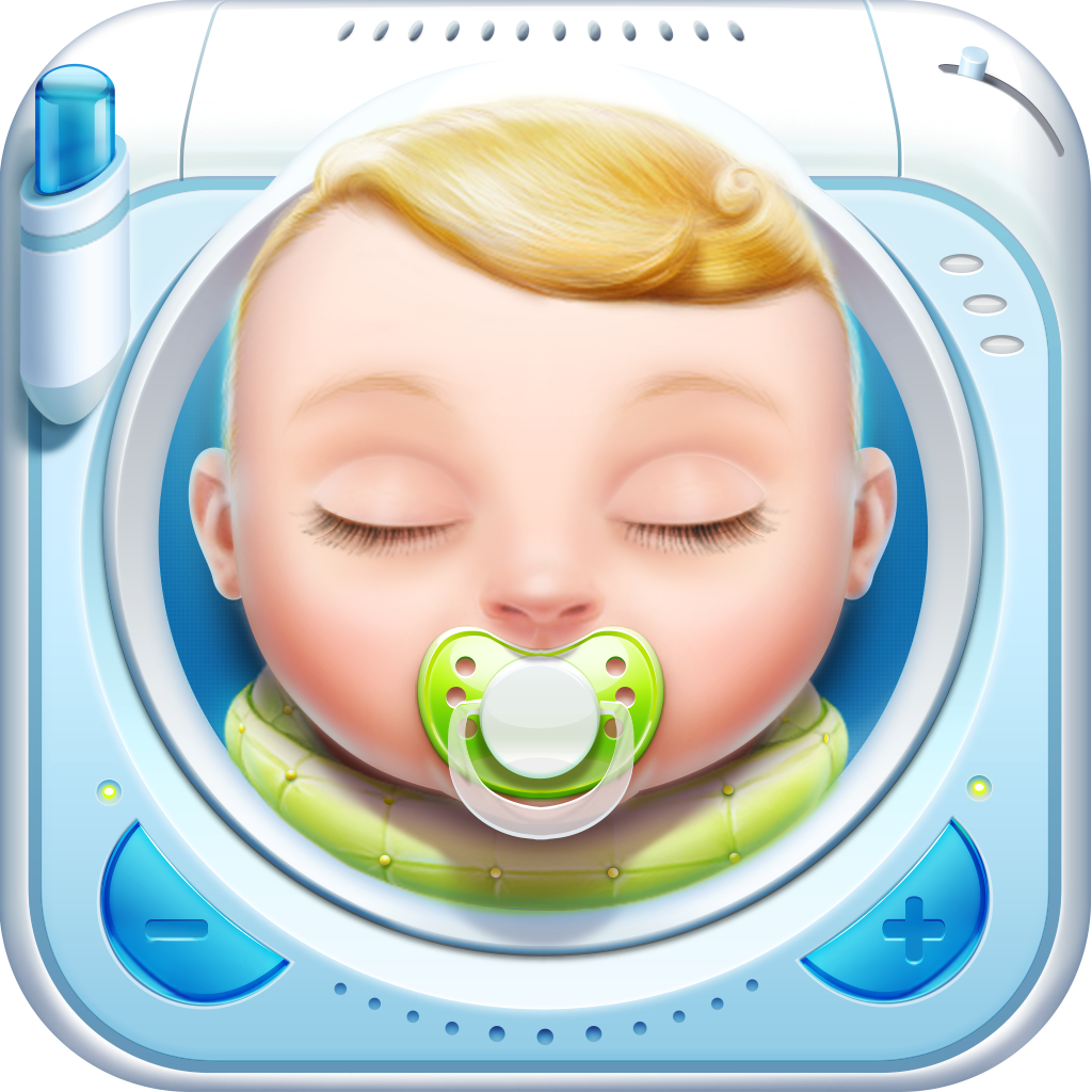 Baby Monitor app icon with a blue soft 3D squircle design featuring a sleeping baby.