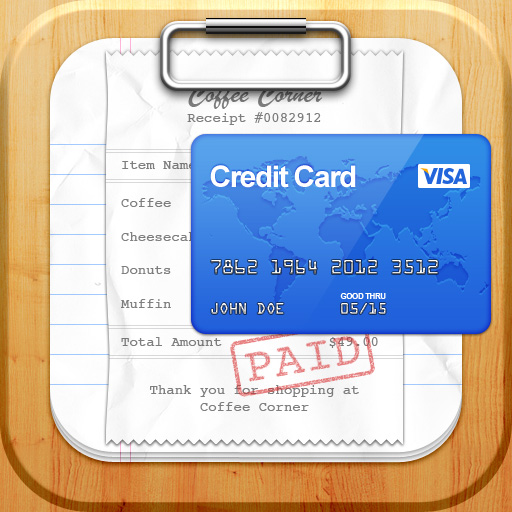 Bill Organizer app icon with a multicolored skeuomorphism rounded rectangle design featuring a receipt and credit card.
