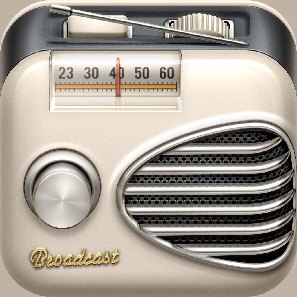 Broadcast app icon with a gray skeuomorphism squircle design featuring a vintage radio.
