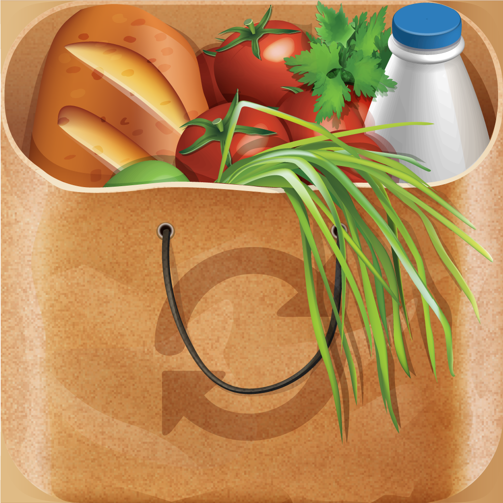 Buy Me a Pie! Classic app icon with a brown skeuomorphism squircle design featuring a grocery bag.