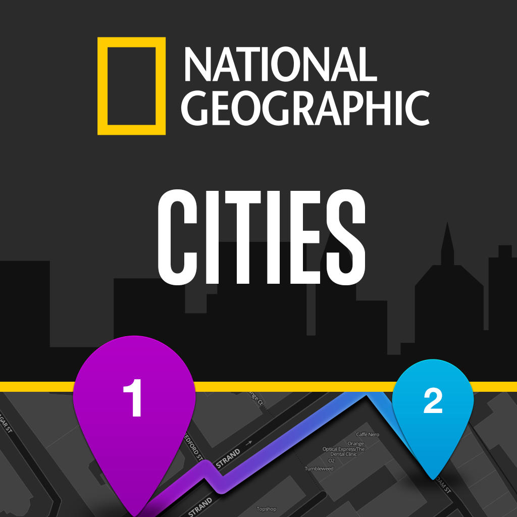 City Guides app icon with a black flat minimalist squircle design featuring a map pins.