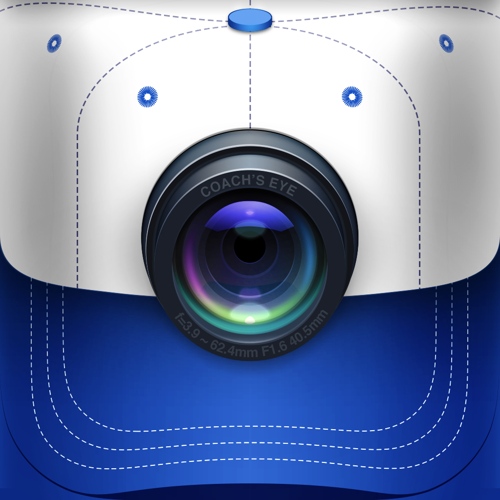 Coach's Eye app icon with a blue skeuomorphism squircle design featuring a camera lens.