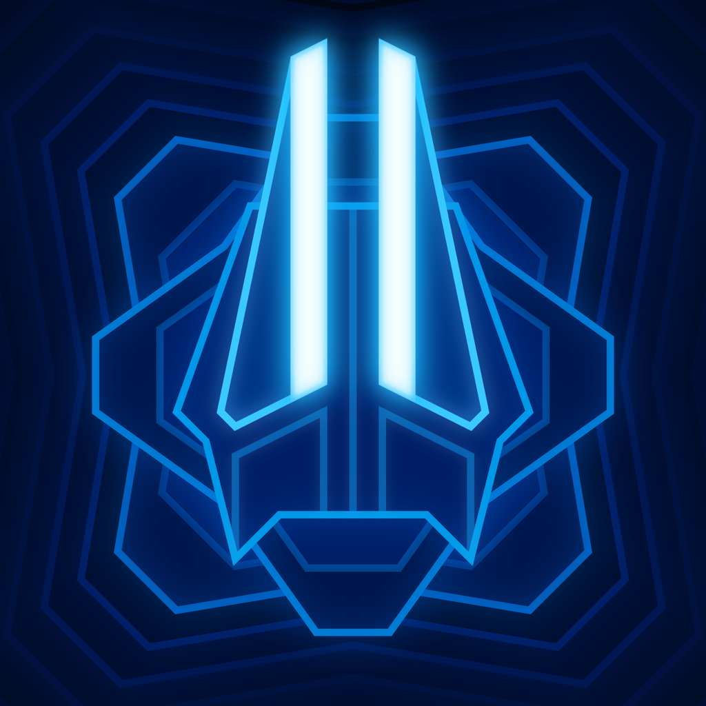 Devastator app icon with a blue neon vector shield design featuring a futuristic emblem.