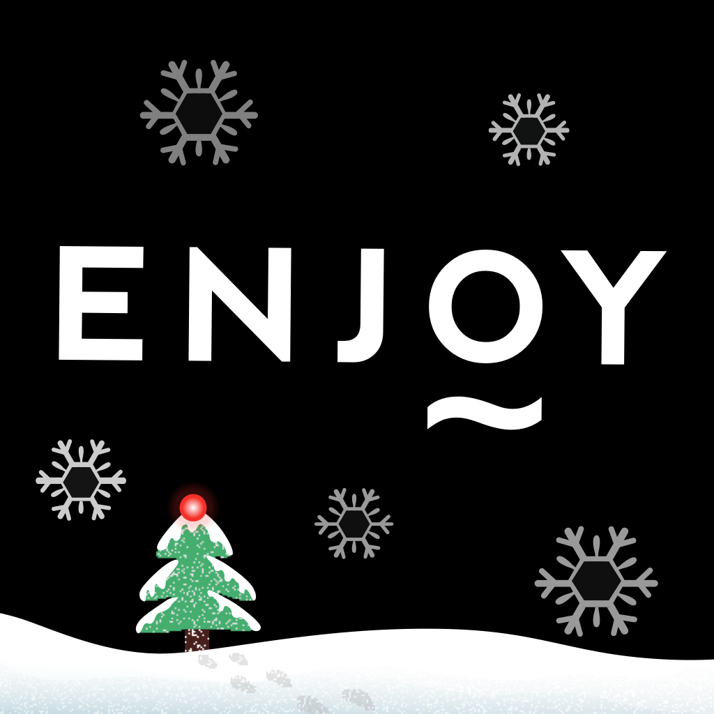 ENJOY Christmas app icon with a black flat minimalist organic shape design featuring a snowflakes and christmas tree.