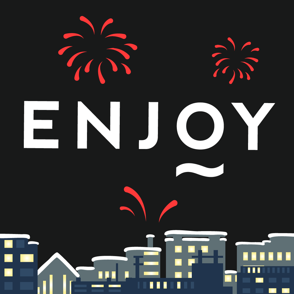 ENJOY New Year app icon with a black flat minimalist square design featuring a fireworks and cityscape.