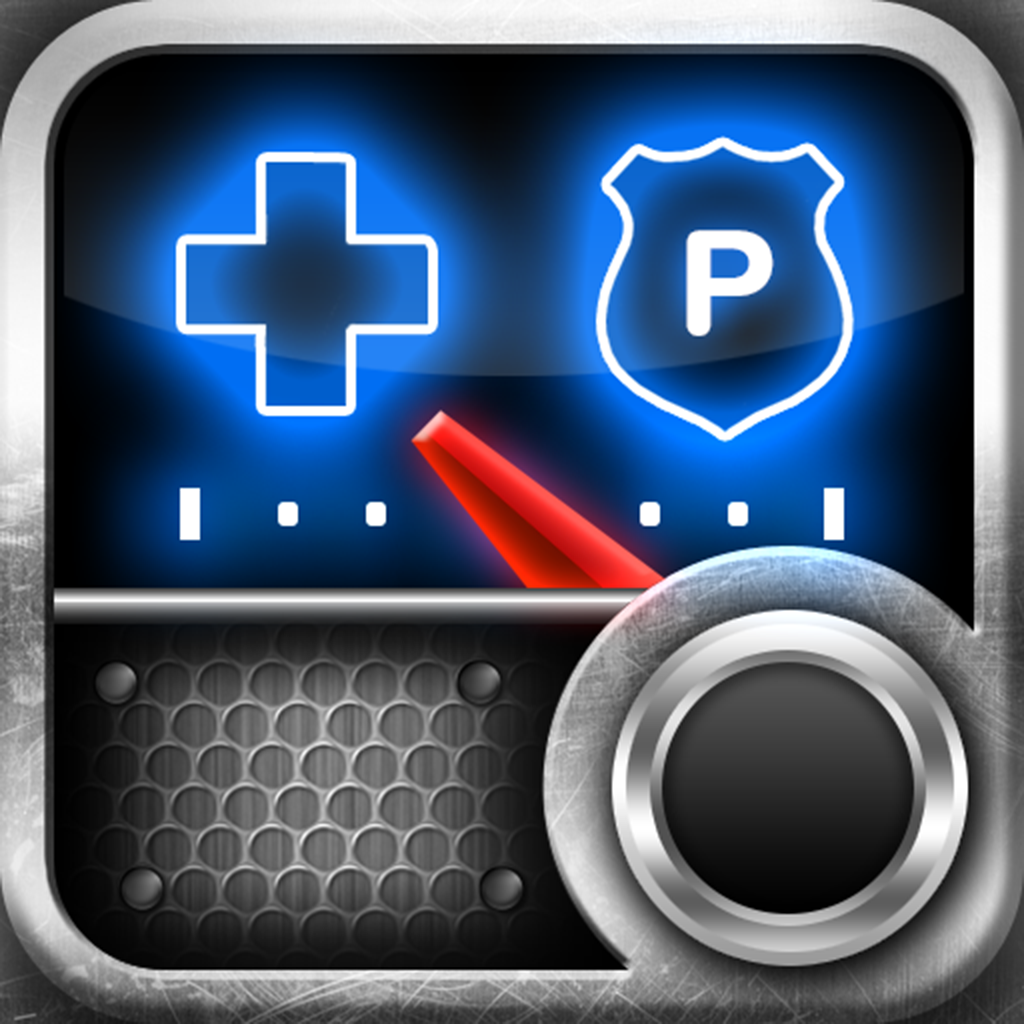 Emergency Radio app icon with a black skeuomorphism rounded rectangle design featuring a police siren interface.