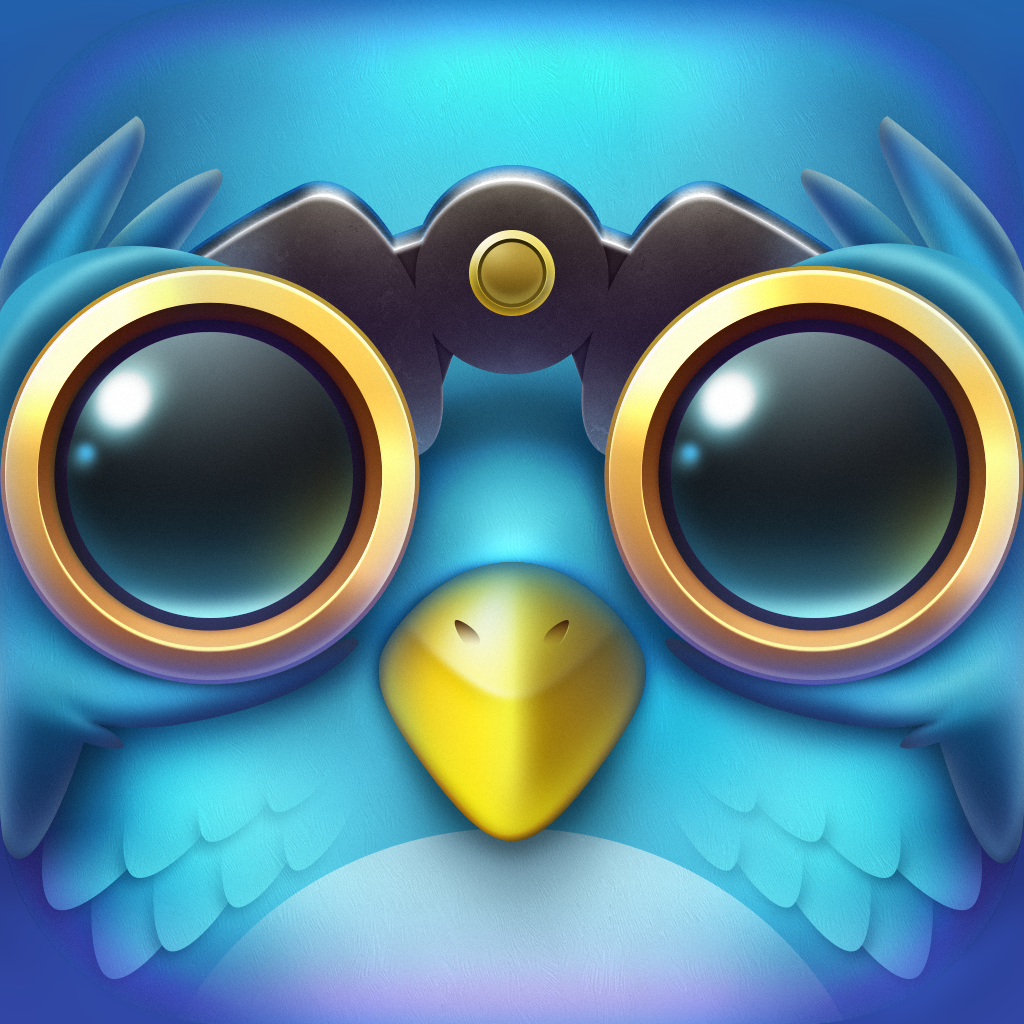 Followers on Twitter app icon with a blue 3D cartoon squircle design featuring an owl with binoculars.