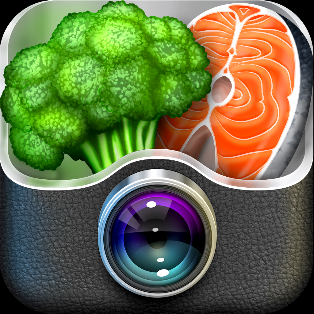 FoodSnap! app icon with a multicolored skeuomorphism squircle design featuring a broccoli salmon camera lens.