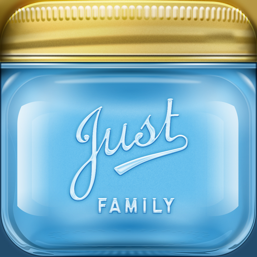 JustFamily app icon with a blue skeuomorphism rounded rectangle design featuring a mason jar.