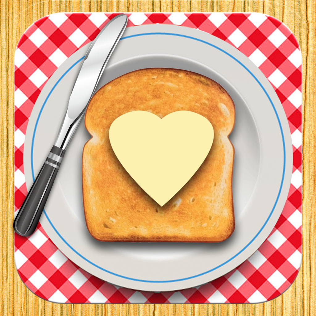 Low Fat Recipes app icon with a brown skeuomorphism squircle design featuring a toast with heart butter.