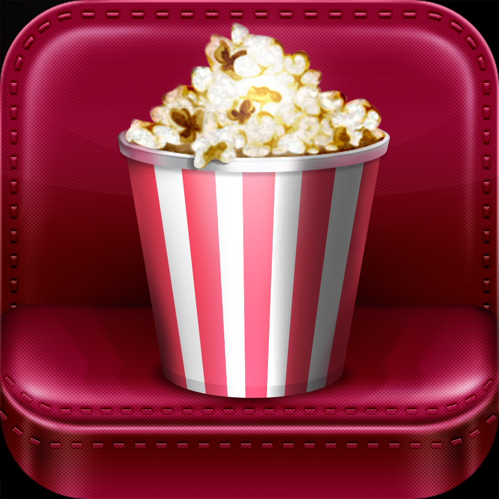 MovieQuest app icon with a red skeuomorphism squircle design featuring a popcorn bucket on cinema seat.