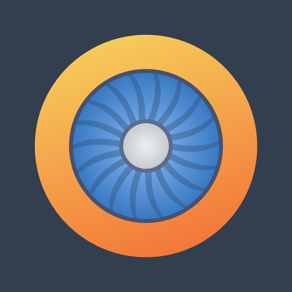 News360 app icon with a black and orange flat minimalist circle design featuring a turbine fan.