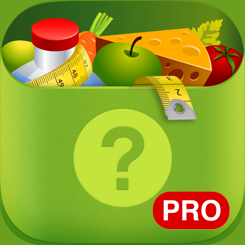 Nutrition Quiz PRO app icon with a green skeuomorphism rounded rectangle design featuring an assorted food and measuring tape.