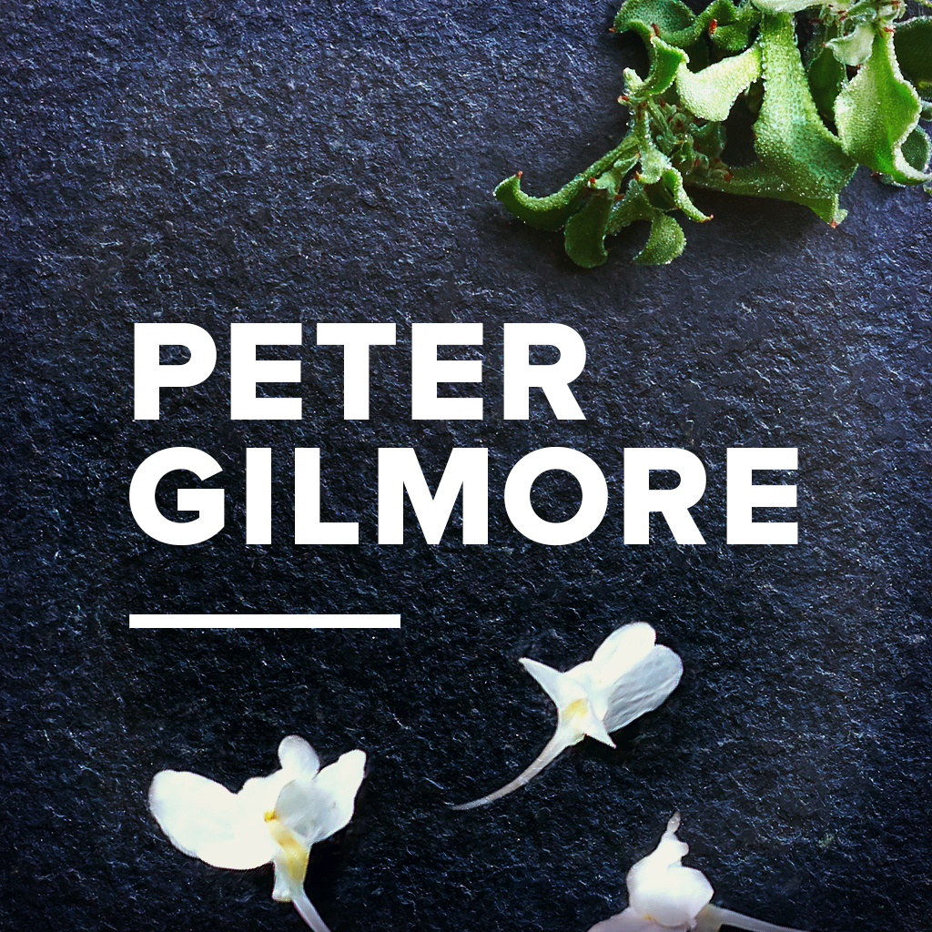 Peter Gilmore app icon with a black organic dark editorial squircle design featuring a typography and botanicals.