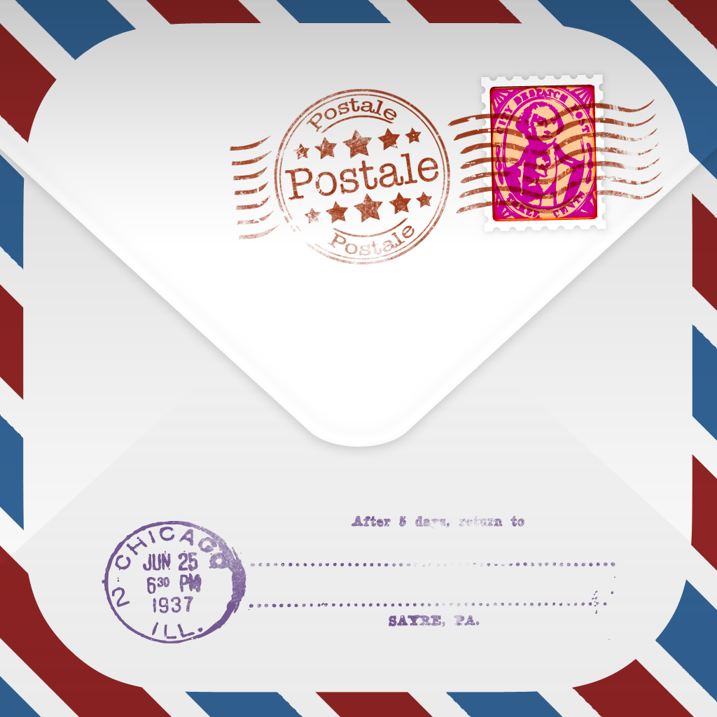 Postale app icon with a multicolored skeuomorphism rounded rectangle design featuring an airmail envelope.