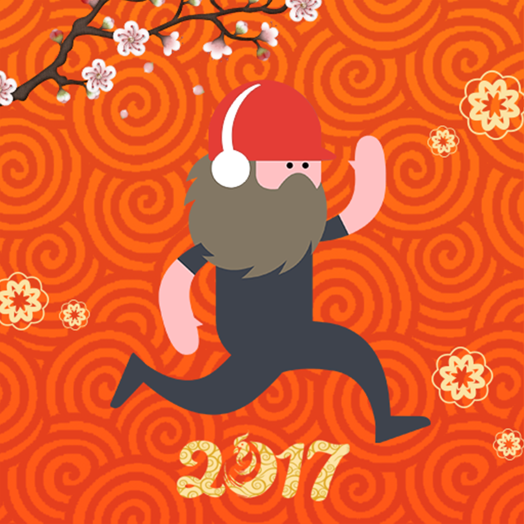 RunAgain New Year app icon with a flat vector illustration rounded rectangle design featuring a running bearded man.
