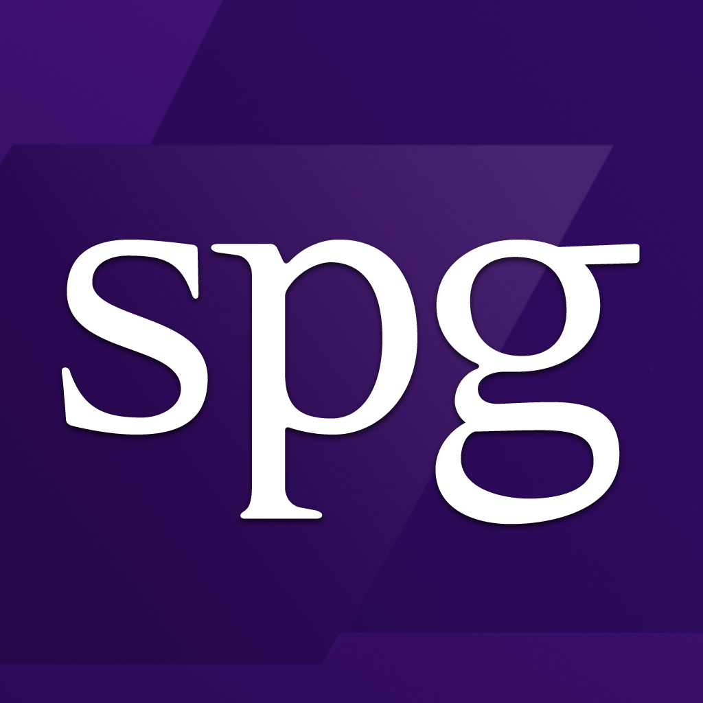 SPG app icon with a purple flat minimalist rounded rectangle design featuring a serif typography.