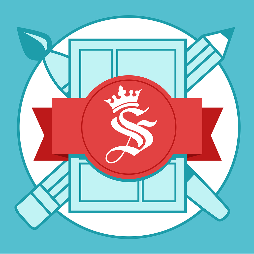 Seedling Comic Studio app icon with a blue flat minimalist badge design featuring a letter s crest.