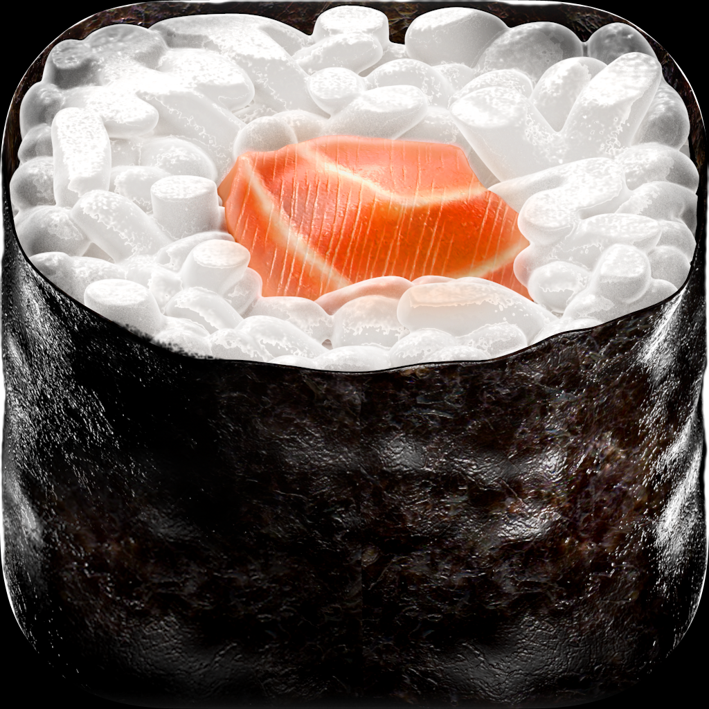 Sooshi app icon with a black skeuomorphism squircle design featuring a salmon sushi.