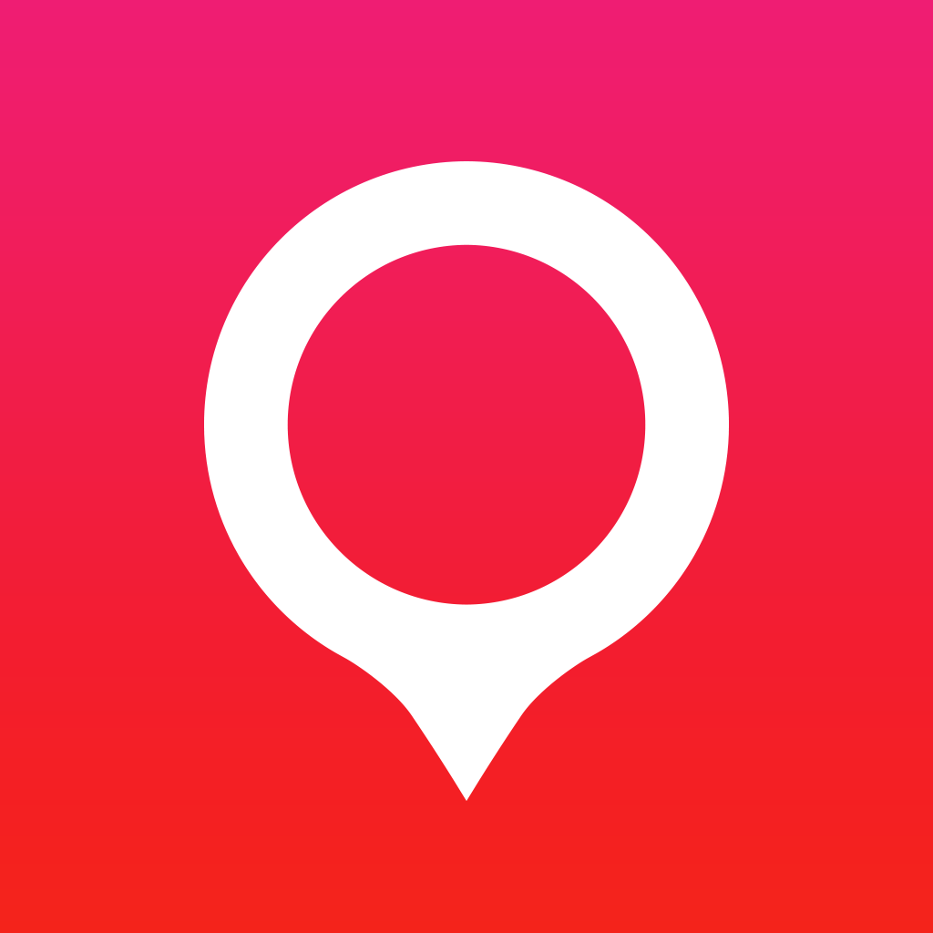 Sphere app icon with a red flat minimalist rounded rectangle design featuring a hollow map pin.