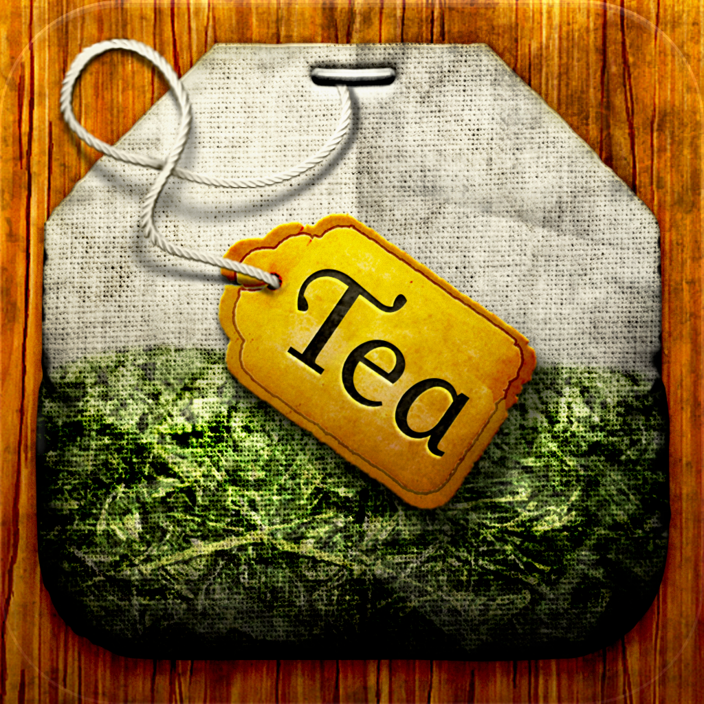 Tea app icon with a brown skeuomorphism squircle design featuring a tea bag.