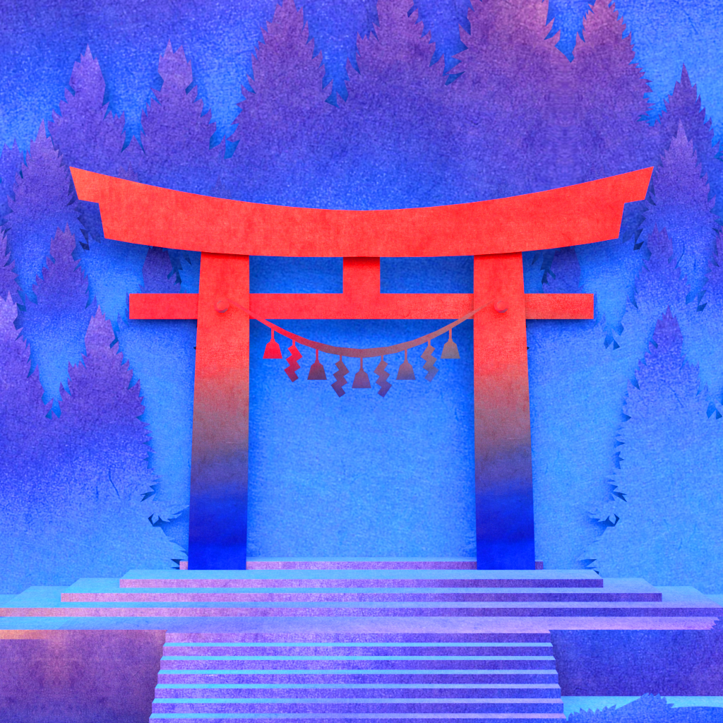Tengami app icon with a blue paper cutout squircle design featuring a torii gate.