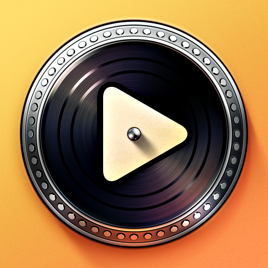 Turnplay app icon with a black and orange skeuomorphism circle design featuring a vinyl record play button.