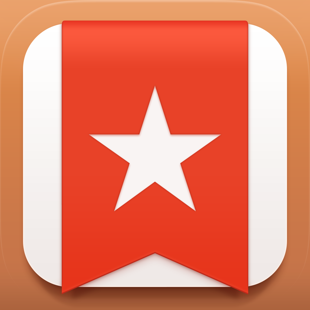 Wunderlist app icon with a red soft 3D squircle design featuring a bookmark ribbon with star.