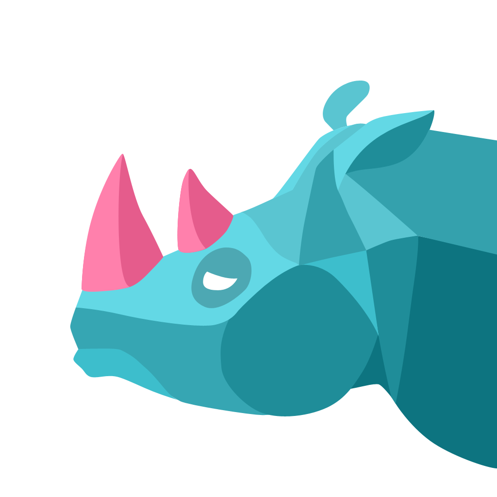 犀牛故事 app icon with a green low poly geometric organic shape design featuring an unicorn head.