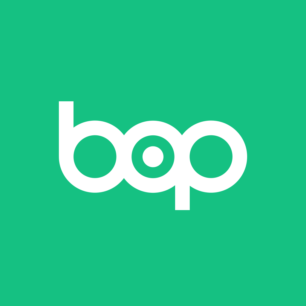 bop.fm Music Player app icon with a green flat minimalist square design featuring a stylized lettering.