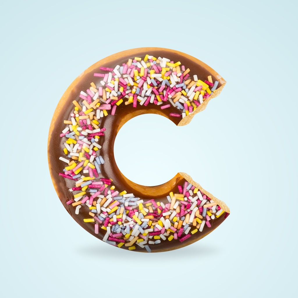 Calorific - What do calories look like? app icon with a blue skeuomorphism organic shape design featuring a donut letter c.
