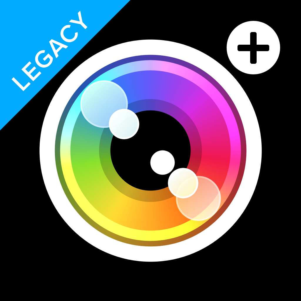 Camera+ Legacy app icon with a black soft 3D circle design featuring a color wheel.