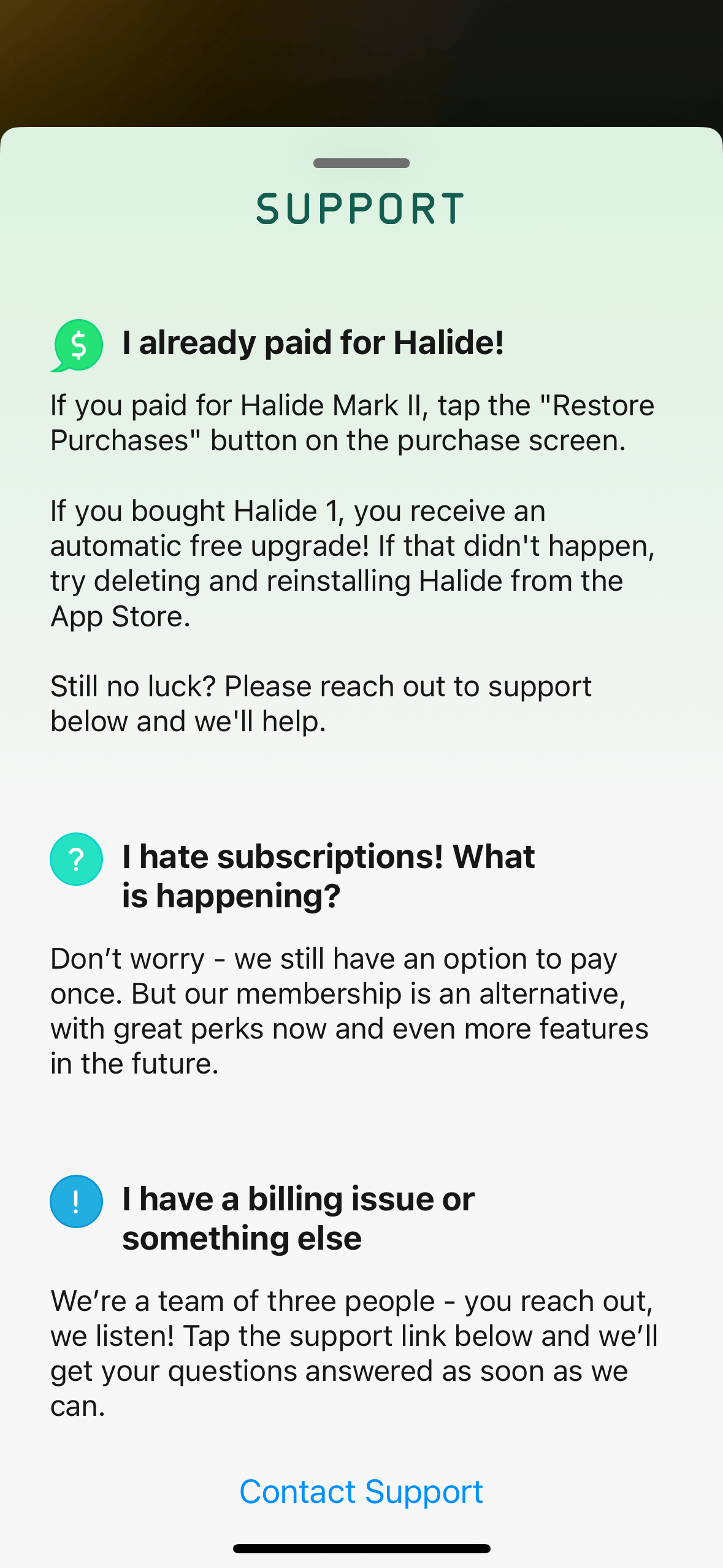 Halide Mark II Support