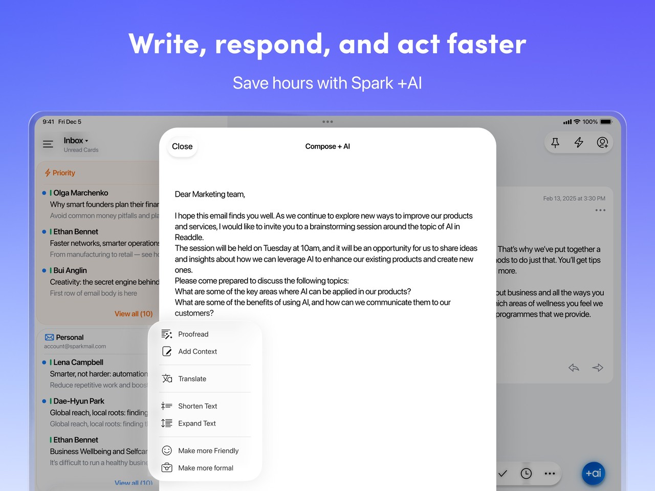 Spark Mail: AI Email Assistant iPad screenshot 3