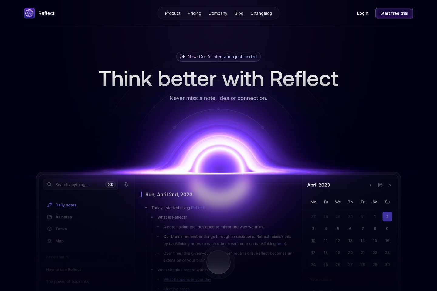 Reflect Notes website preview