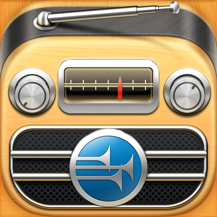 AWR Radio app icon with a yellow skeuomorphism rounded rectangle design featuring a vintage radio.