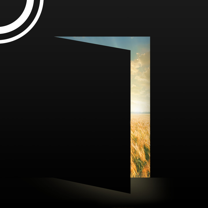 Arcadia by Iain Pears app icon with a black skeuomorphism rounded rectangle design featuring a wheat field reveal.