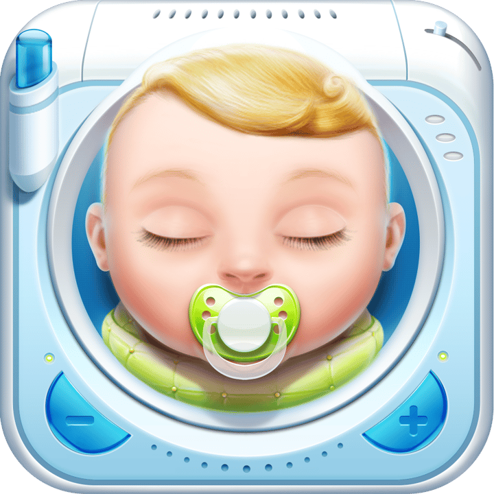 Baby Monitor app icon with a blue soft 3D squircle design featuring a sleeping baby.