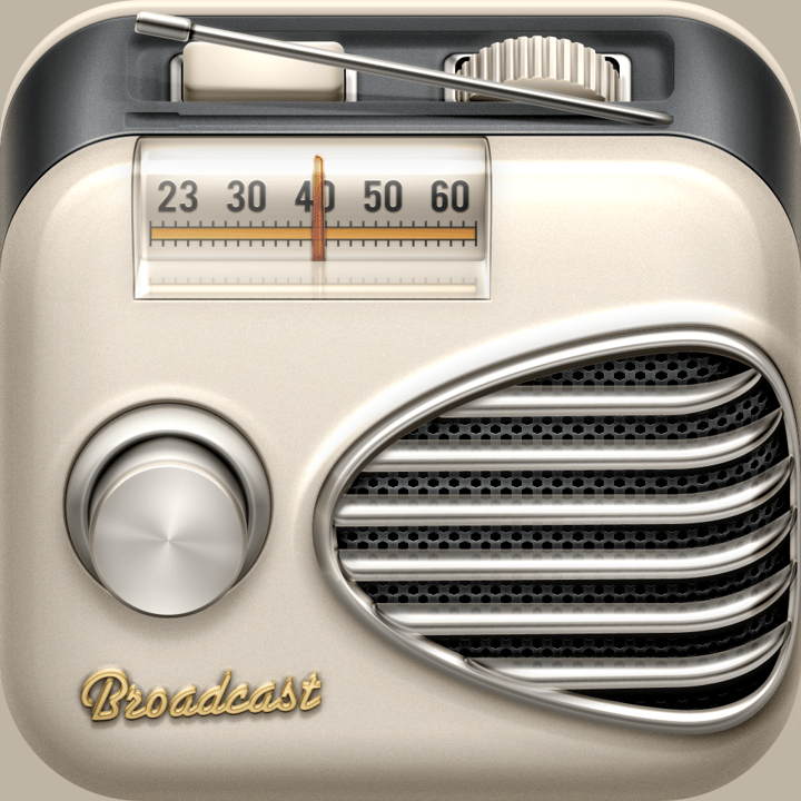 Broadcast app icon with a gray skeuomorphism squircle design featuring a vintage radio.
