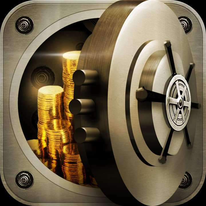 CoinVault app icon with a brown skeuomorphism squircle design featuring a bank vault with gold coins.