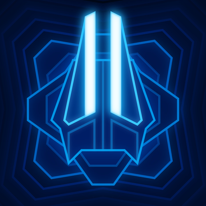 Devastator app icon with a blue neon vector shield design featuring a futuristic emblem.