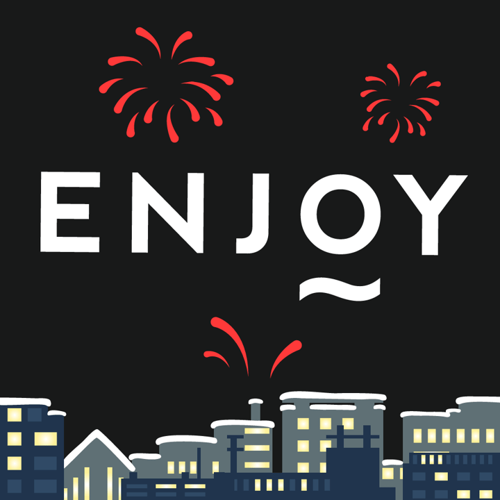 ENJOY New Year app icon with a black flat minimalist square design featuring a fireworks and cityscape.