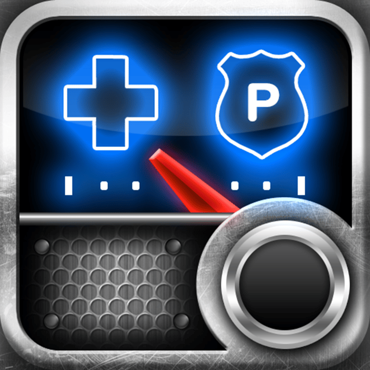 Emergency Radio app icon with a black skeuomorphism rounded rectangle design featuring a police siren interface.