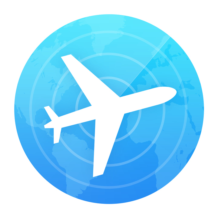 FlightTrack 5 app icon with a blue flat minimalist circle design featuring an airplane and globe.
