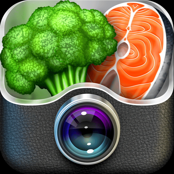 FoodSnap! app icon with a multicolored skeuomorphism squircle design featuring a broccoli salmon camera lens.