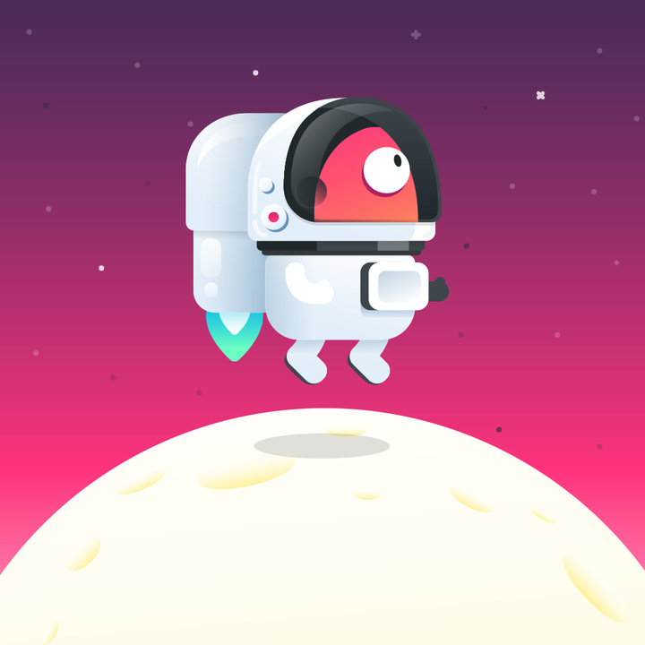 Meh. app icon with a purple 3D cartoon rounded rectangle design featuring a rocket ship.
