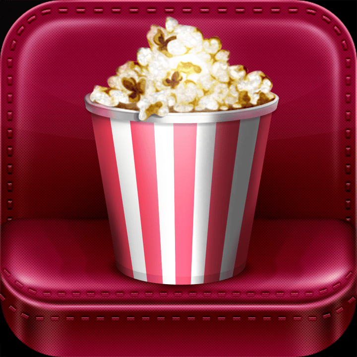MovieQuest app icon with a red skeuomorphism squircle design featuring a popcorn bucket on cinema seat.
