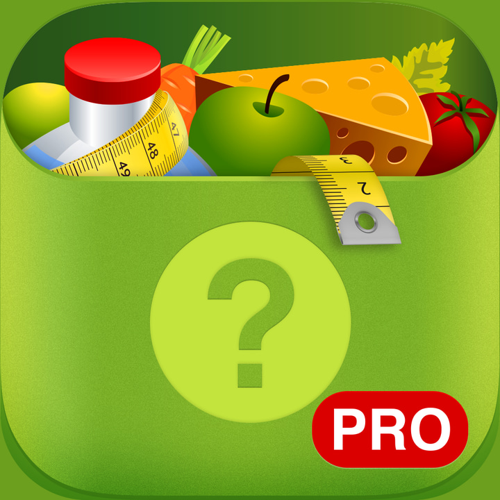 Nutrition Quiz PRO app icon with a green skeuomorphism rounded rectangle design featuring an assorted food and measuring tape.