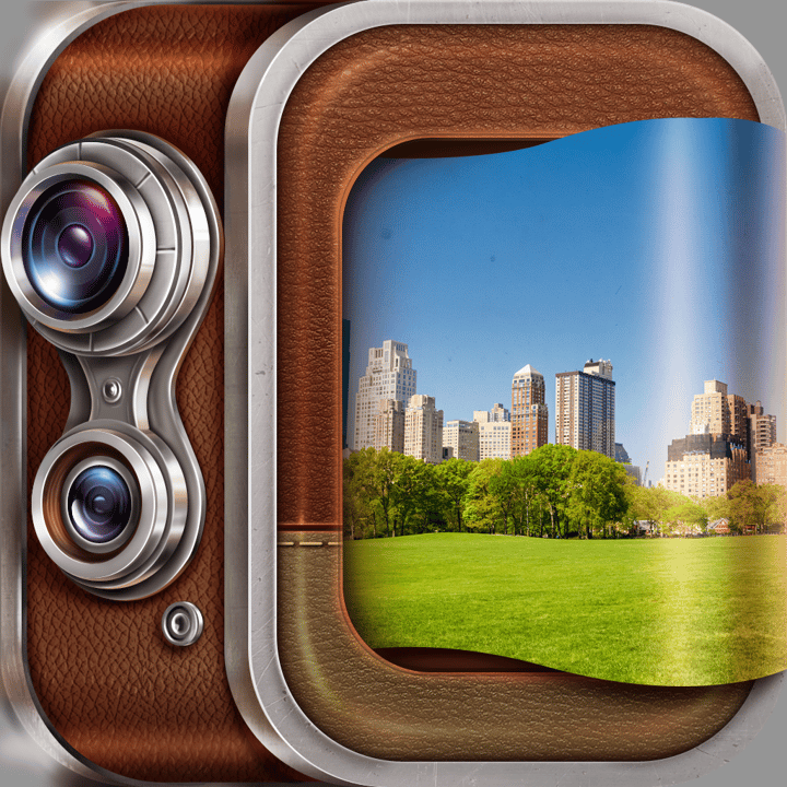 Panorama 360 Cities app icon with a brown skeuomorphism rounded rectangle design featuring a vintage dual-lens camera.